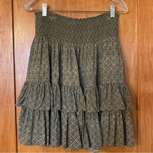 Ralph Lauren Olive Green and Tan Print Tiered / Ruffle Skirt